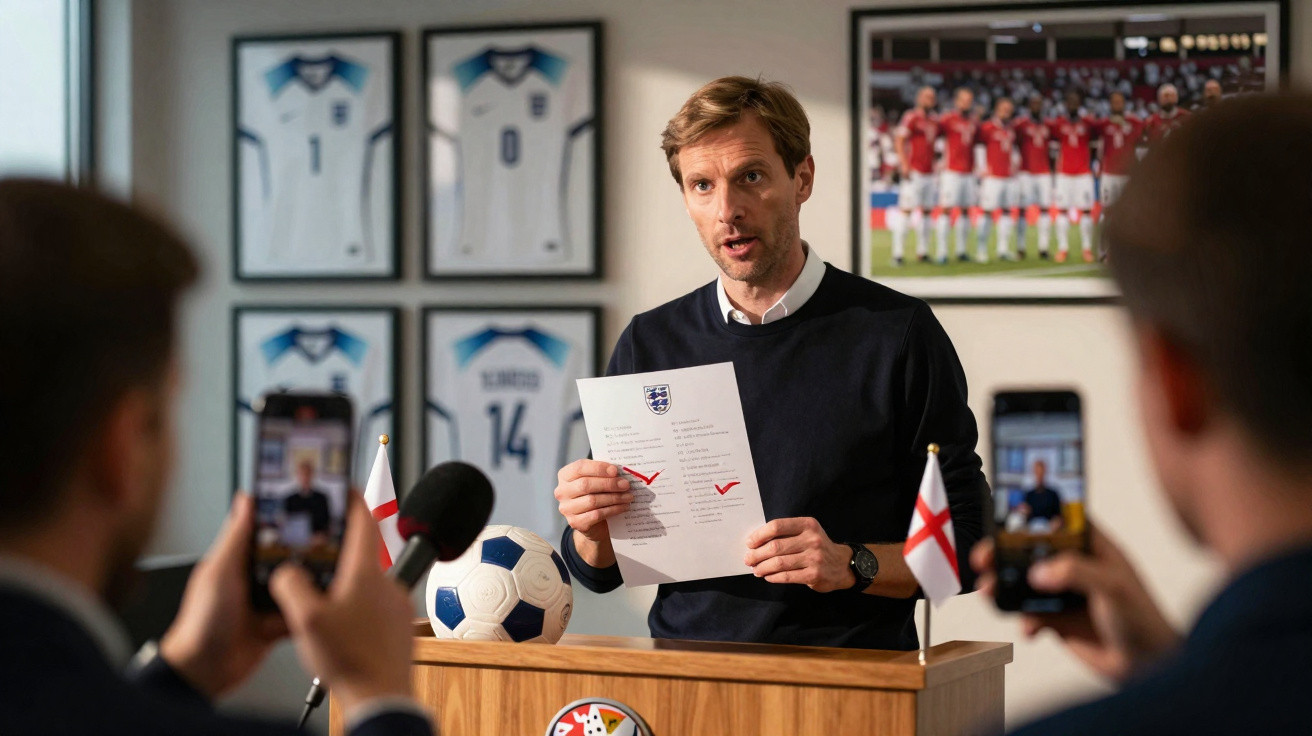 Homem apresenta lista de jogadores de futebol num pódio, com bola e bandeiras da Inglaterra ao redor.