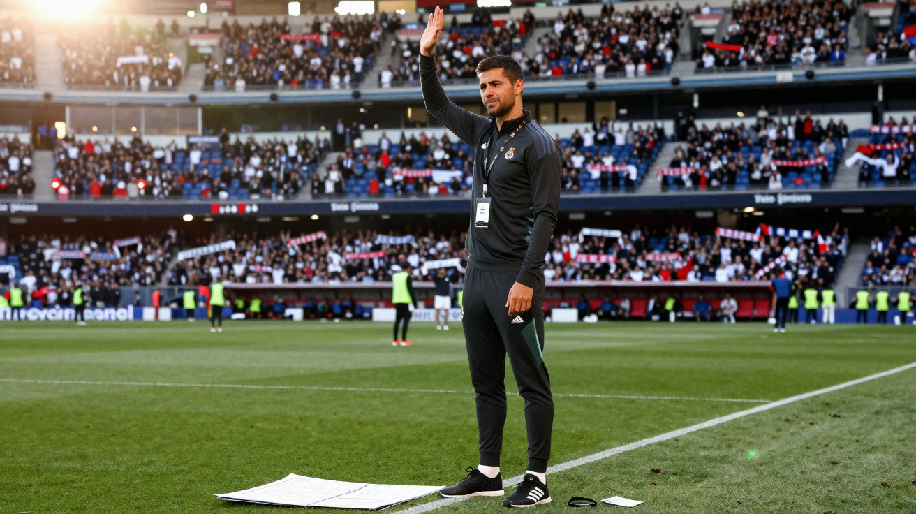Treinador de futebol de pé no campo acenando para o público num estádio com espectadores nas bancadas.