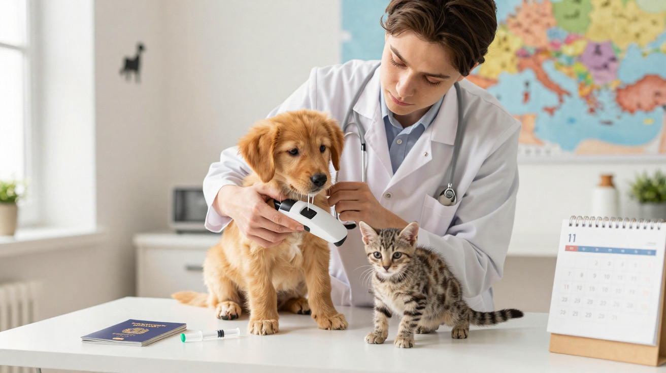 Veterinário a examinar um cão com termómetro, com um gato ao lado numa mesa de consulta.