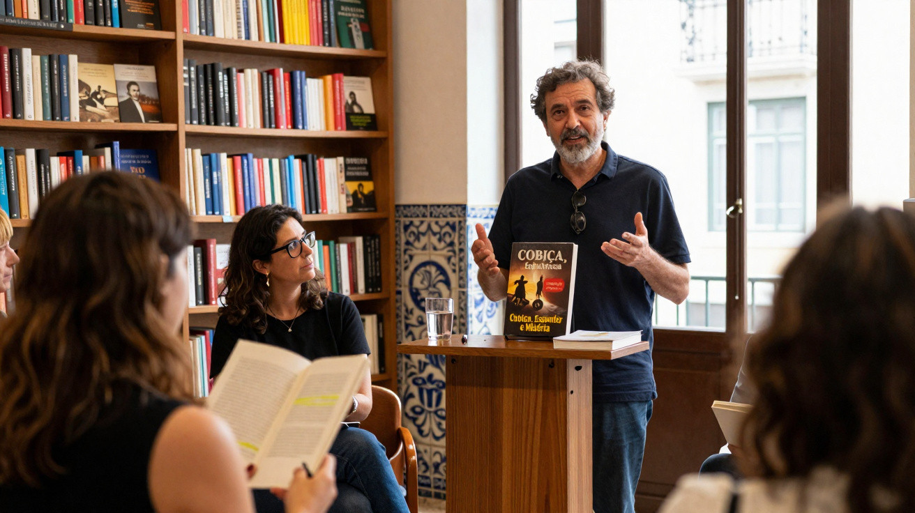 Homem apresenta livro sobre cobiça a grupo numa sala com estantes de livros e azulejos portugueses.