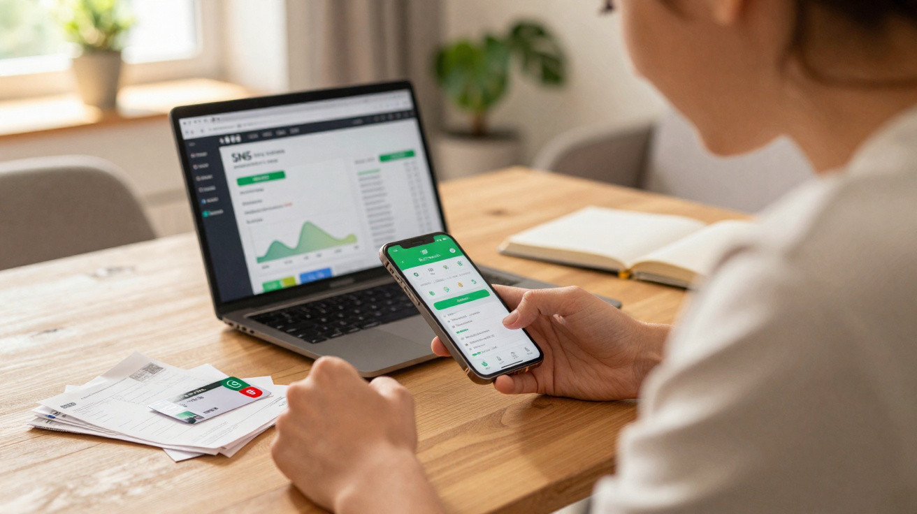 Pessoa a analisar finanças digitais em smartphone e computador portátil numa secretária de madeira.