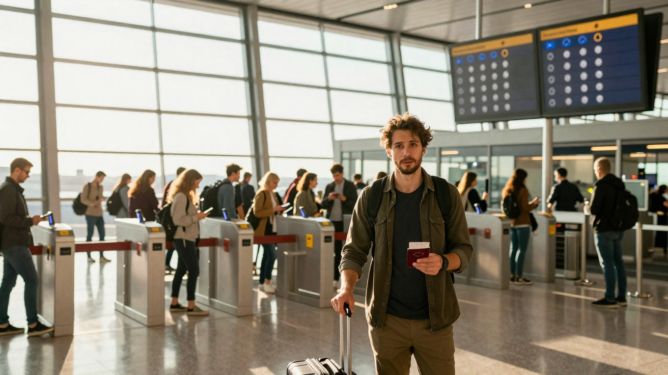 Homem com mala e passaporte em fila de controlo de segurança no aeroporto com outros passageiros.