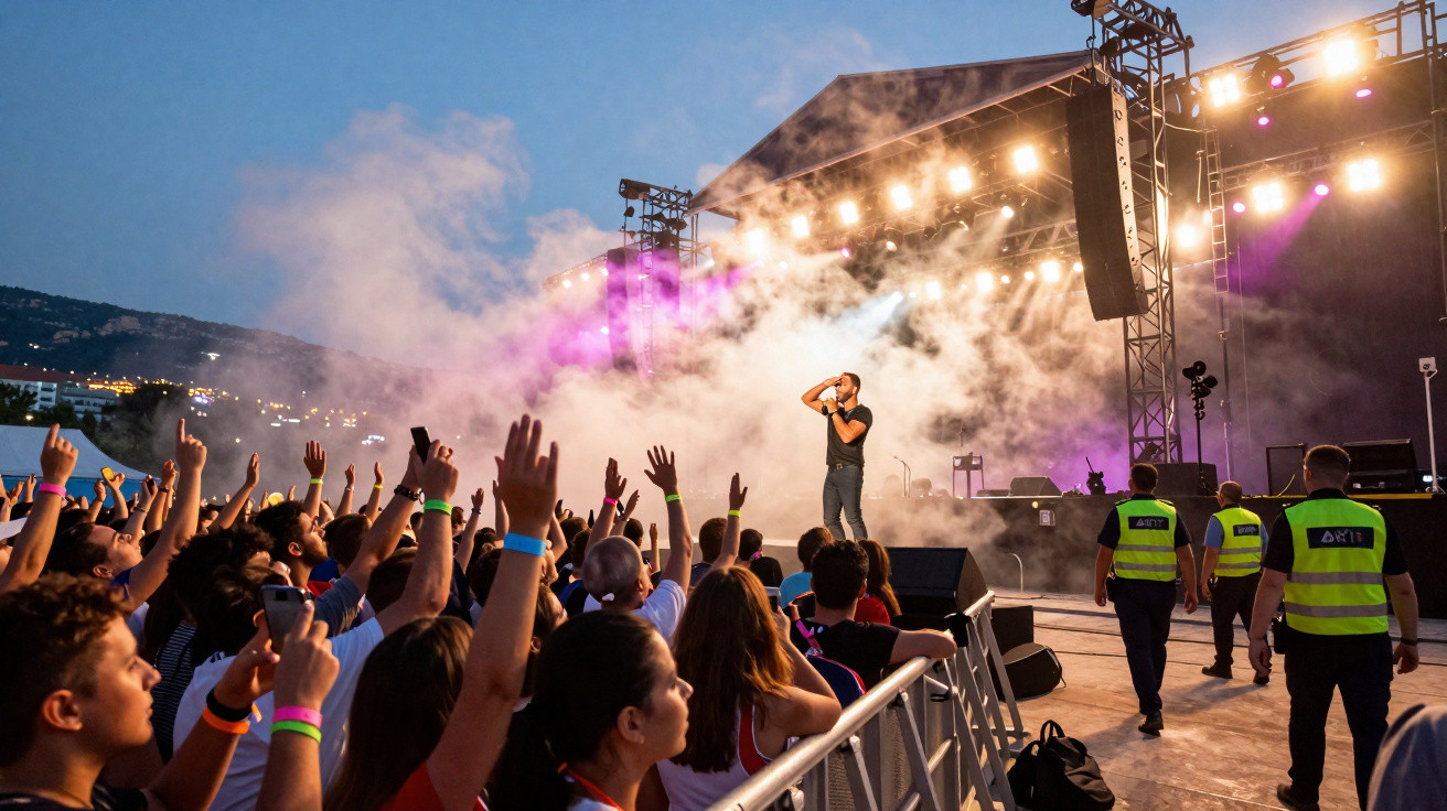 Concerto ao ar livre ao pôr do sol com público animado, cantor em palco e seguranças visíveis.