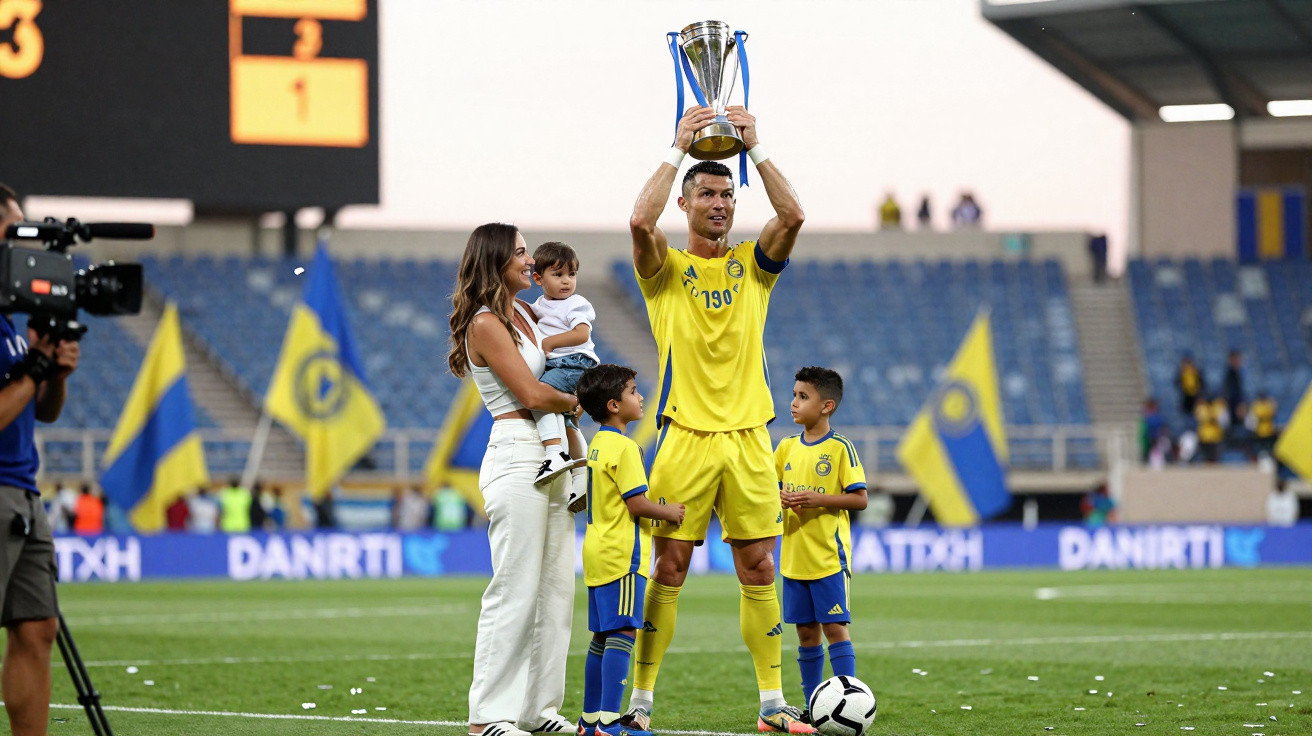 Jogador de futebol ergue troféu ao lado da família no campo, com bandeiras amarelas ao fundo.