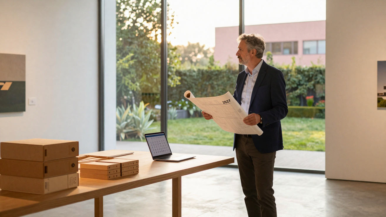 Homem de negócios a ler plano em escritório moderno com mesa, caixas e portátil, com vista para jardim.