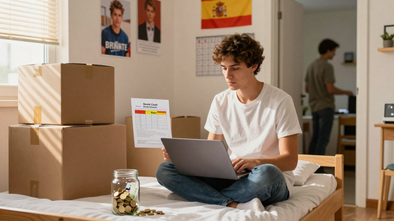 Jovem sentado na cama com laptop e papéis, caixas de mudança e jarro com moedas ao lado.