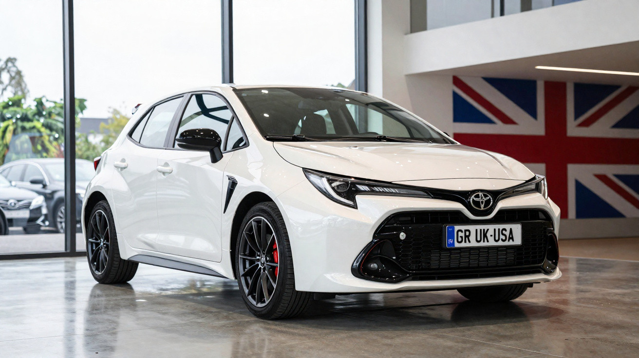 Carro Toyota branco estacionado num salão com janelas amplas e uma bandeira britânica ao fundo.