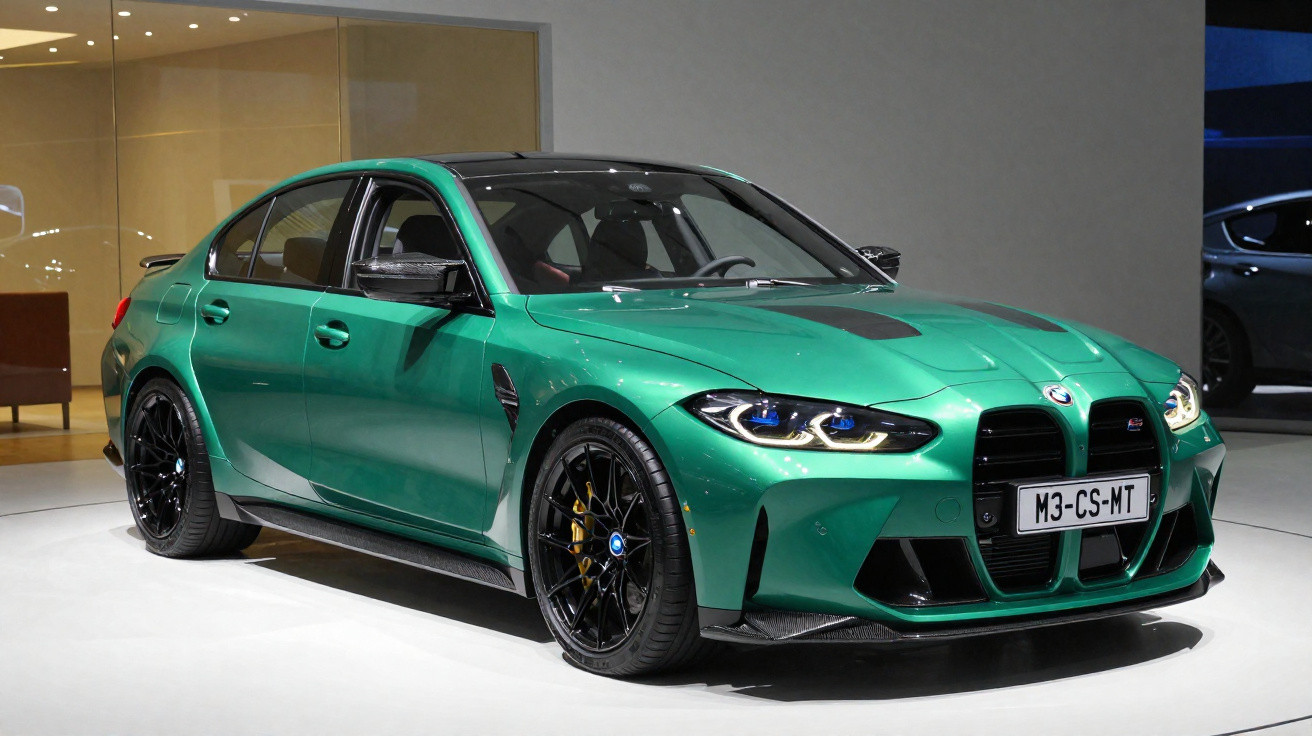 Automóvel BMW verde metálico com faróis azuis e jantes pretas exposto em salão moderno.