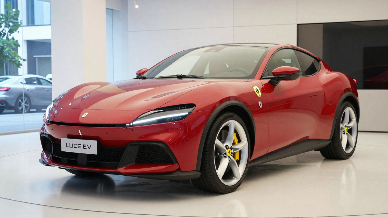Carro elétrico desportivo vermelho Ferrari Luce EV estacionado em show room moderno e luminoso.