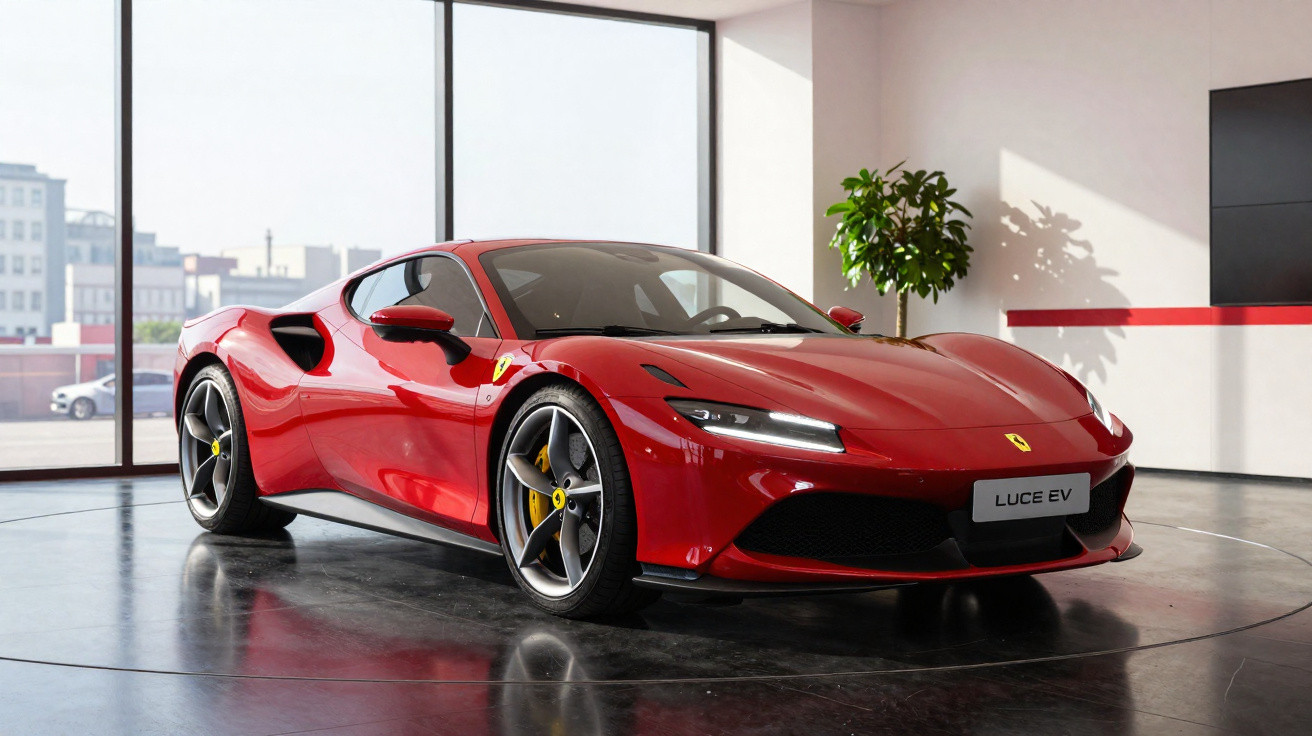 Carro desportivo Ferrari vermelho apresentado num showroom moderno com grandes janelas e planta interior.