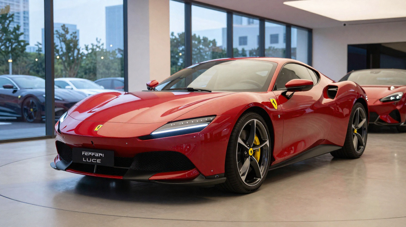 Carro desportivo vermelho Ferrari Luce estacionado num salão com janelas grandes.