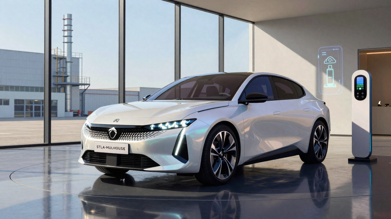 Carro elétrico branco estacionado num showroom moderno com painel de carregamento ao lado.