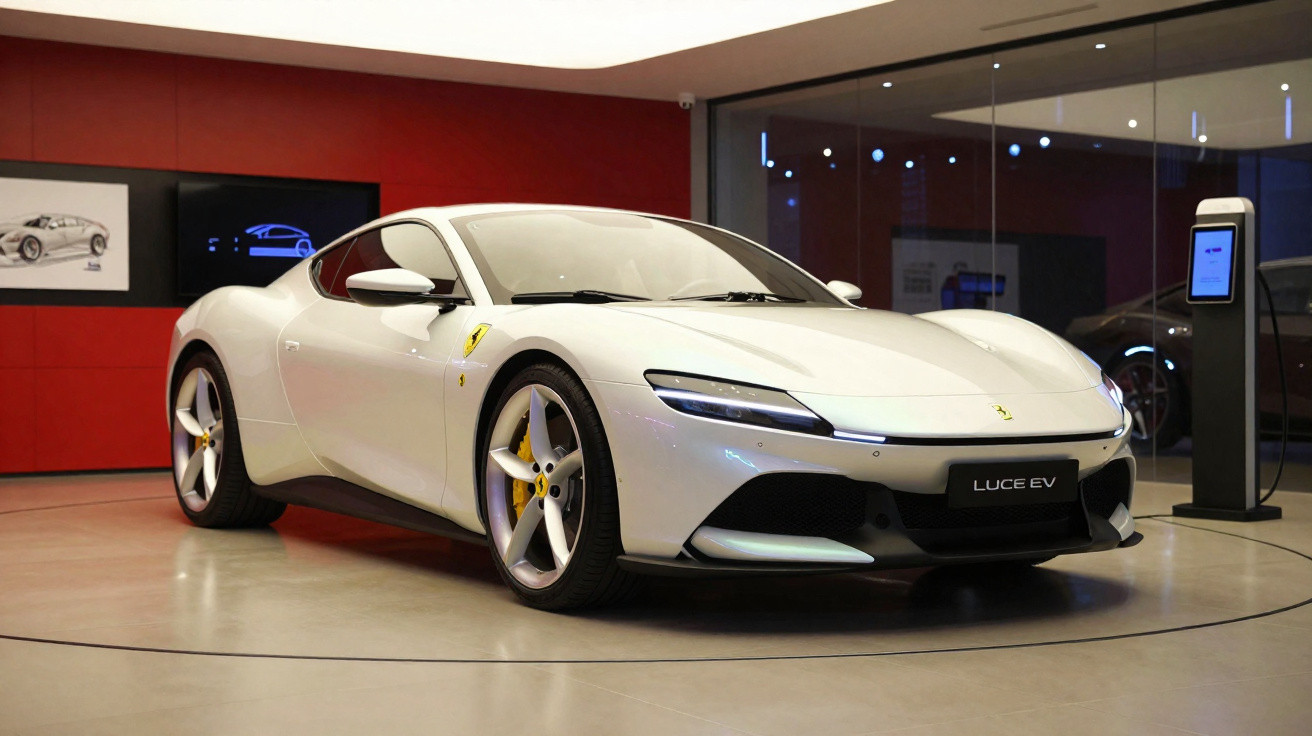 Ferrari Luce EV branco exibido em showroom moderno com paredes vermelhas e iluminação suave.