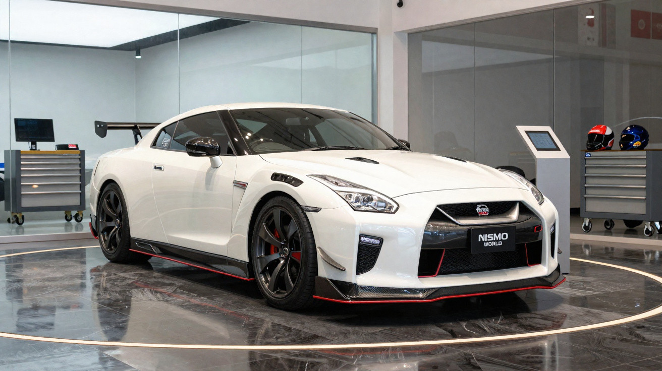 Carro desportivo branco Nissan GT-R Nismo numa sala de exposição moderna com caixas de ferramentas e capacetes.