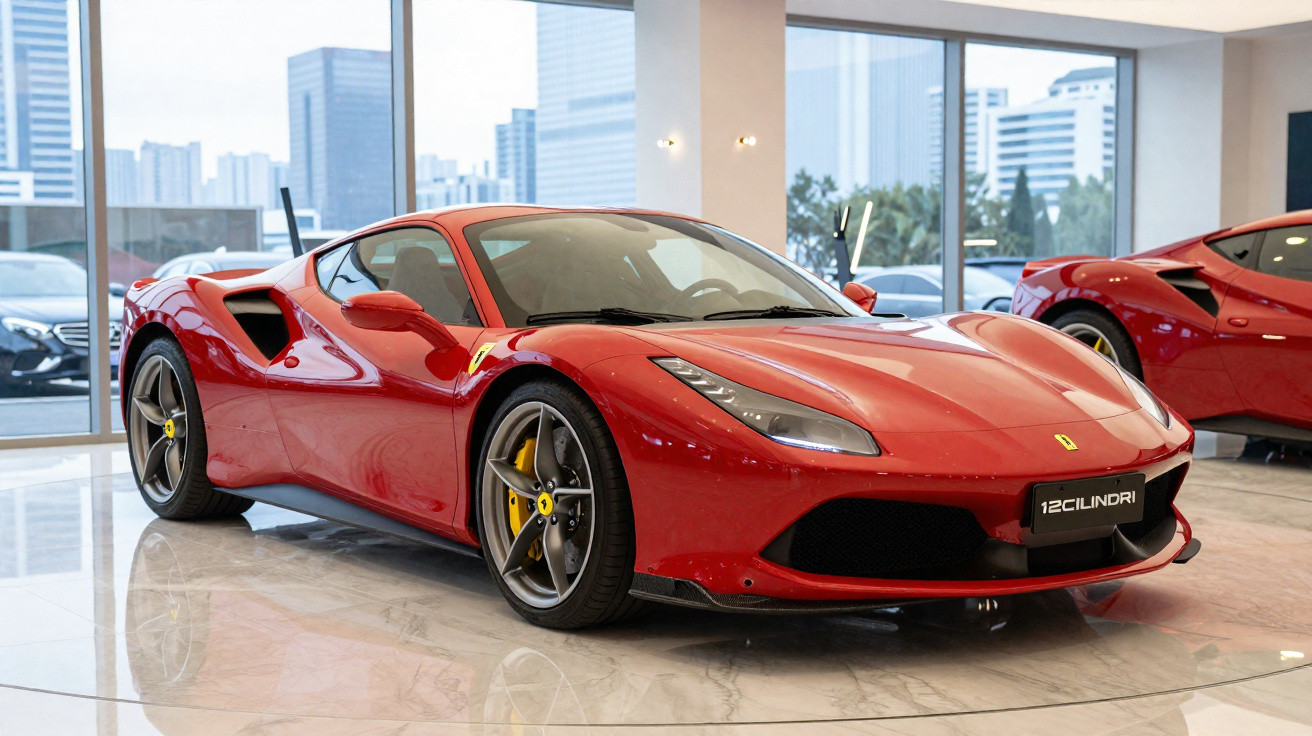 Carro desportivo vermelho Ferrari exposto em salão com janelas grandes e vista urbana ao fundo.