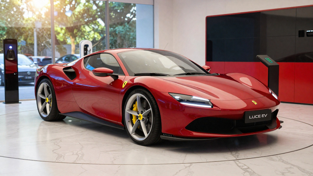 Carro desportivo vermelho Ferrari Luce EV estacionado num showroom moderno com painéis vermelhos e pretos.