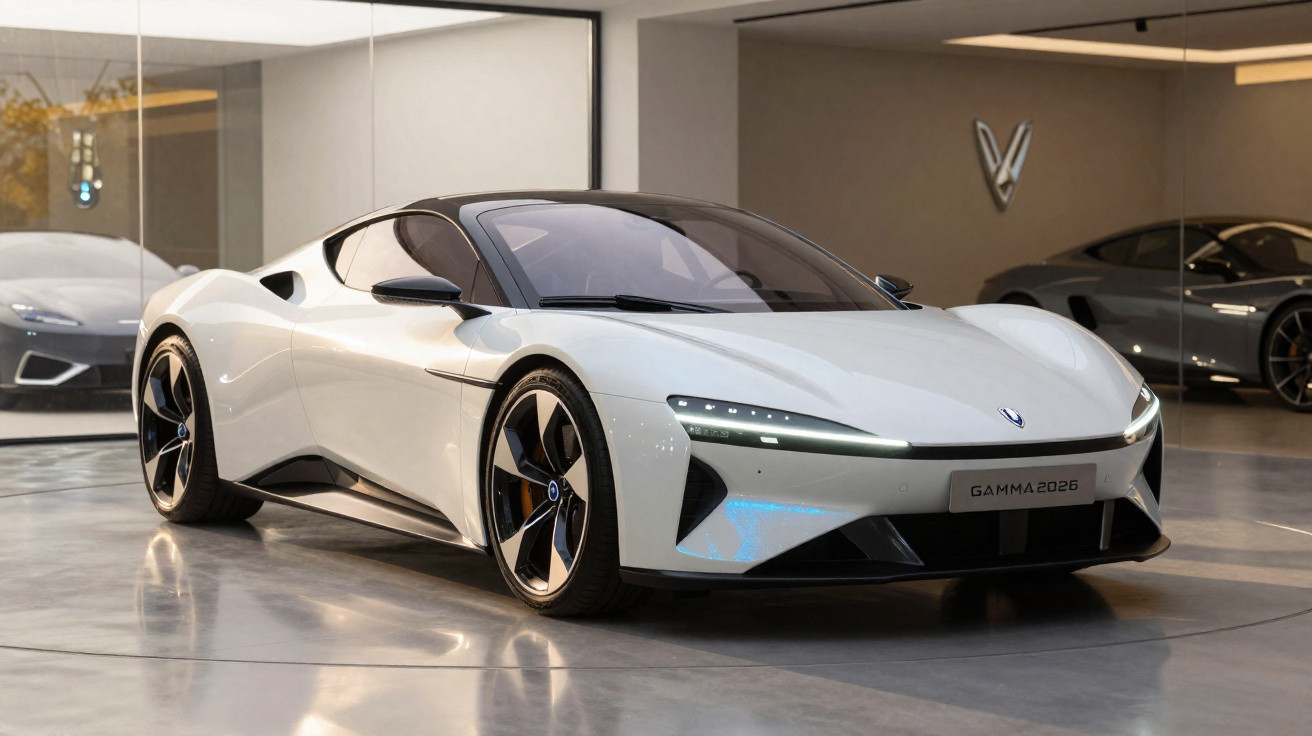 Carro desportivo branco futurista estacionado num interior moderno com vidros e reflexos no chão.