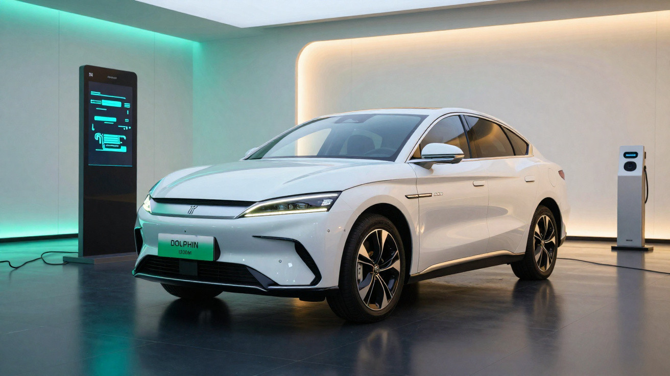 Carro elétrico branco estacionado numa sala moderna com carregadores eléctricos e luzes de LED.