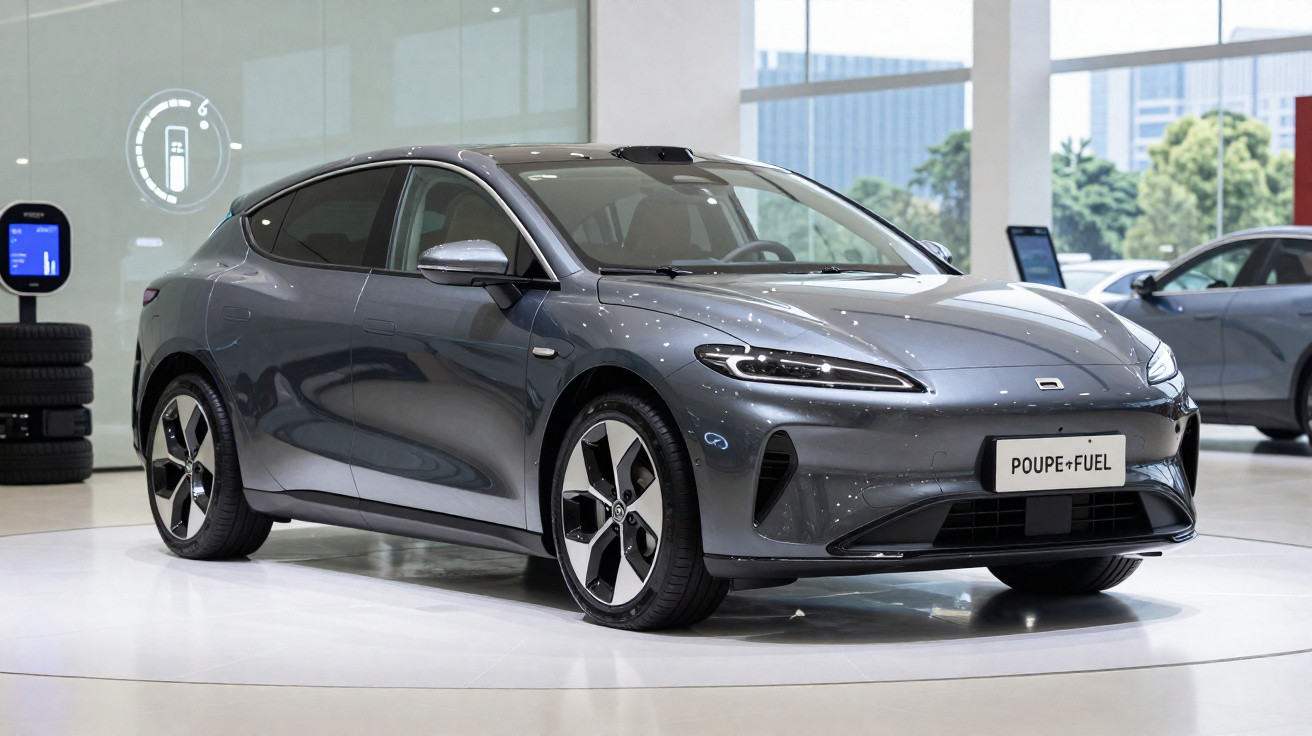 Carro elétrico cinza escuro exposto em ambiente moderno com janela grande ao fundo.