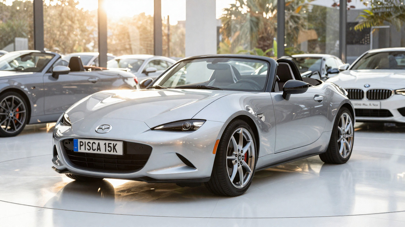 Carro conversível desportivo prateado estacionado em salão de automóveis com luz natural suave.