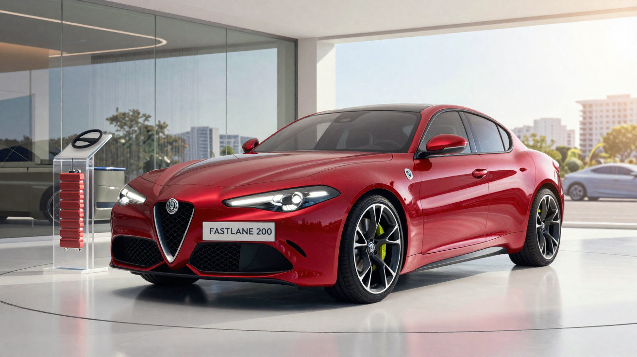 Carro desportivo Alfa Romeo Fastlane 200 vermelho exibido numa sala moderna com janelas e carros ao fundo.