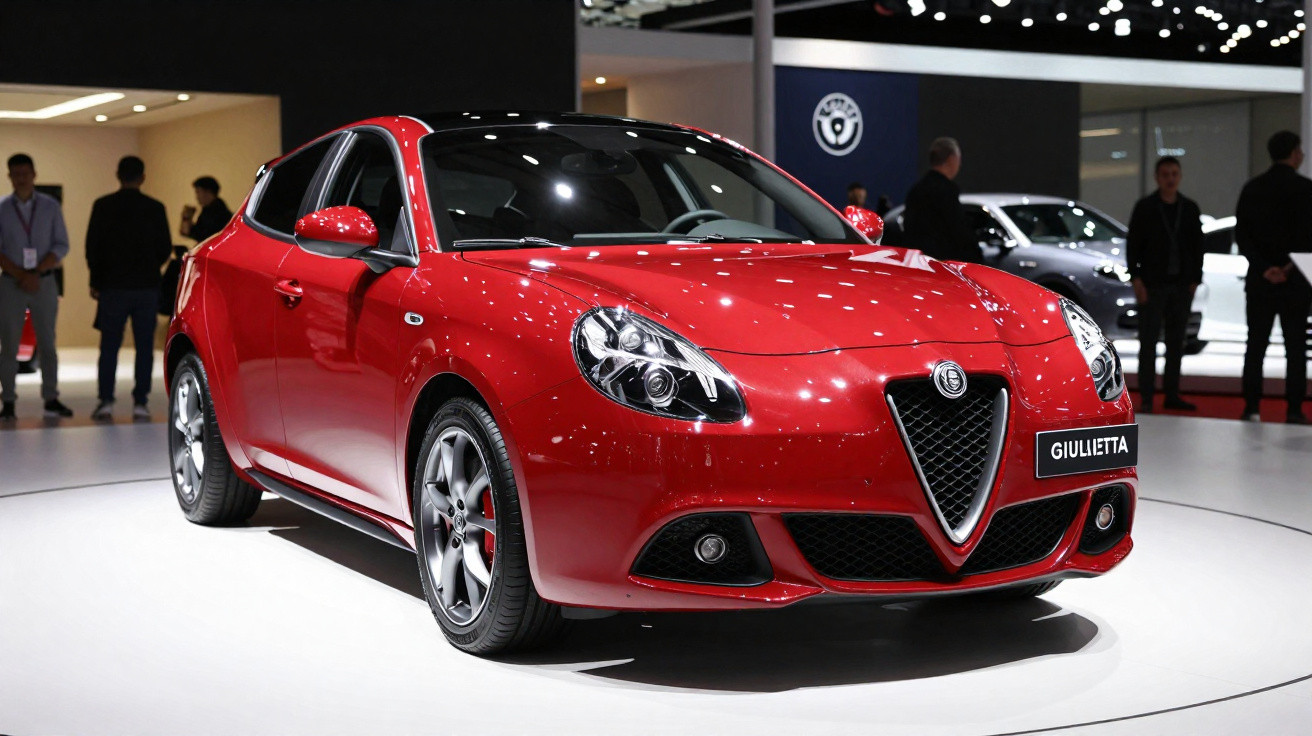Carro Alfa Romeo Giulietta vermelho em exposição automóvel com fundo de pessoas desfocado.
