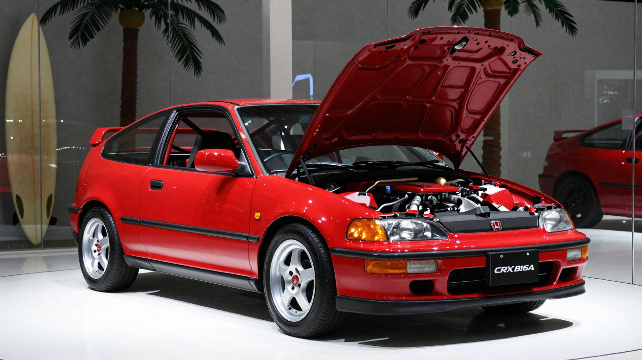 Carro Honda CRX vermelho com capô aberto exibindo o motor, em ambiente fechado com decoração tropical.