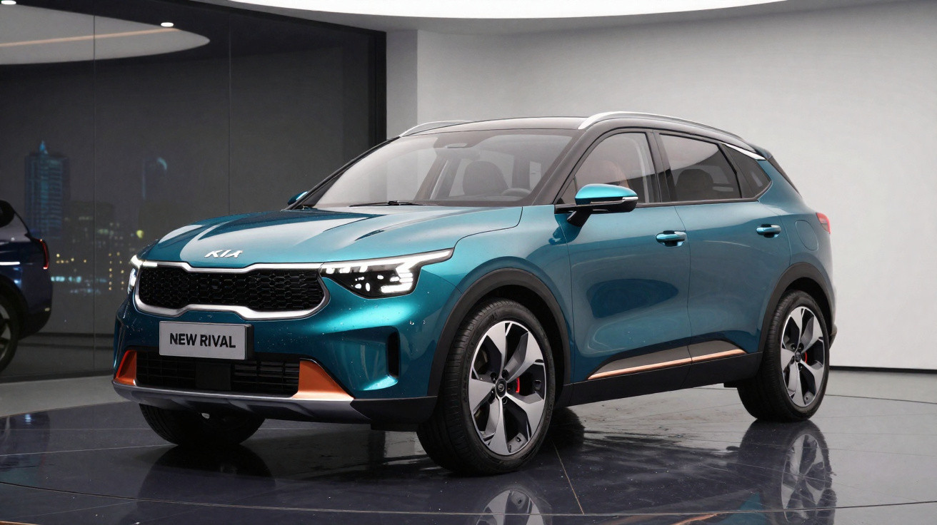 Carro SUV elétrico Kia New Rival azul metálico estacionado em ambiente moderno e minimalista.