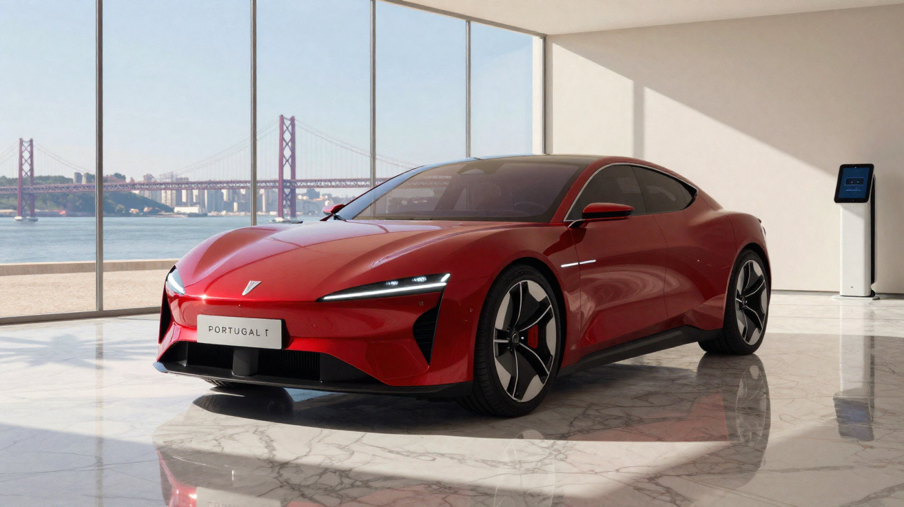 Carro desportivo elétrico vermelho estacionado num salão moderno com vista para uma ponte suspensa.