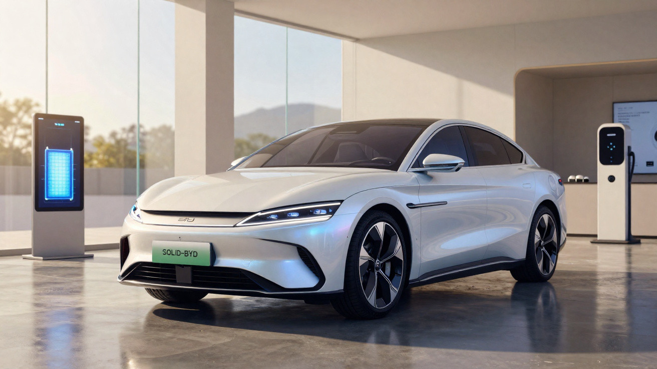 Carro elétrico branco estacionado numa garagem moderna com carregadores de veículos elétricos ao fundo.