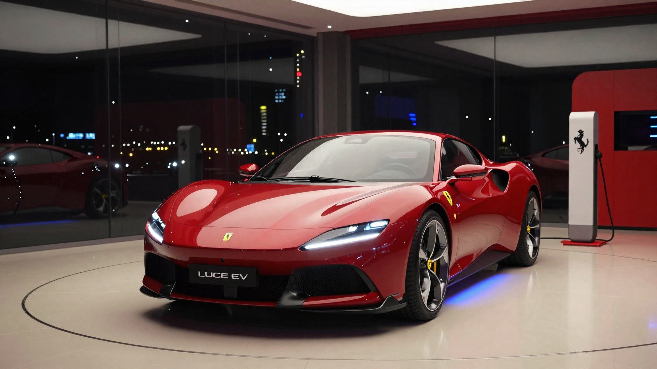 Carro desportivo vermelho Ferrari Luce EV em exibição numa sala com iluminação suave e parede de vidro.