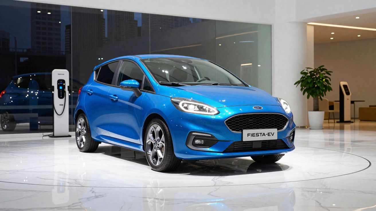 Carro elétrico Ford Fiesta EV azul exposto numa sala moderna com chão branco brilhante.