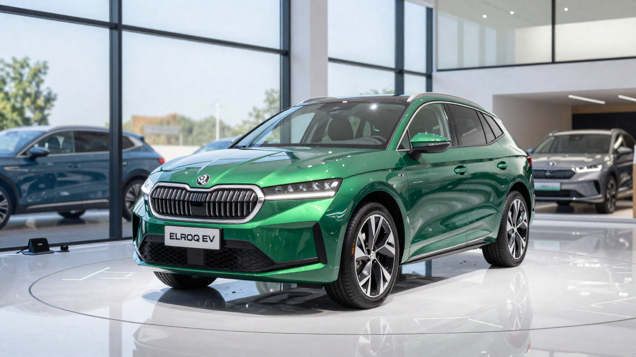 Carro elétrico verde Skoda Enyaq iV em exposição numa sala moderna com grandes janelas.