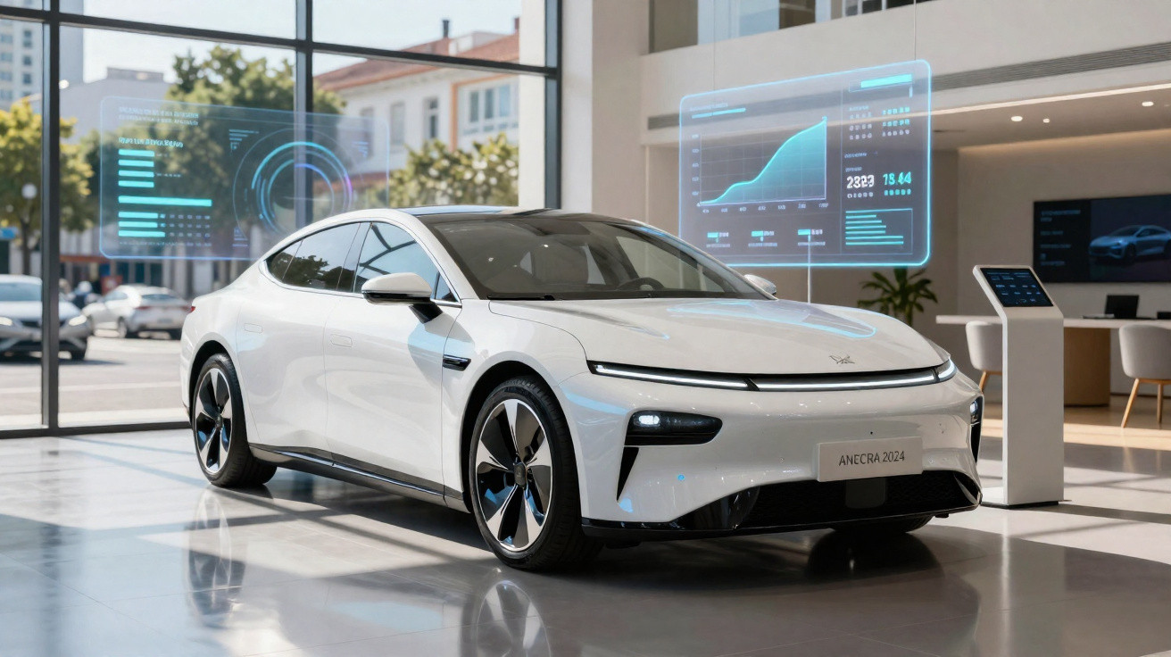 Carro elétrico branco moderno em exposição numa loja com ecrãs digitais ao fundo.