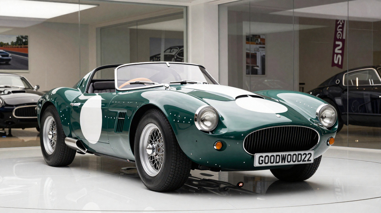 Carro desportivo clássico verde com oval branco e inscrição Goodwood22 em expositor interior moderno.
