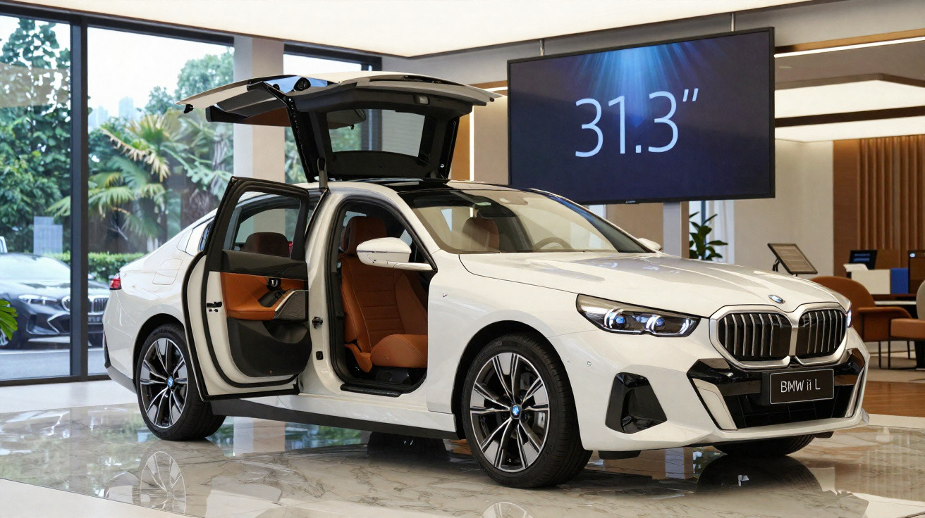 Carro elétrico BMW iL branco em salão, portas dianteira e traseira abertas, interior castanho visível.