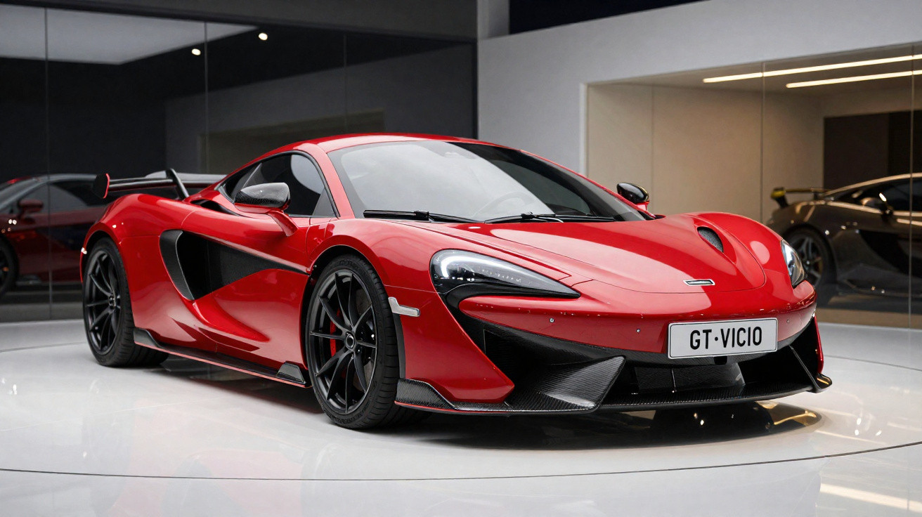 Carro desportivo vermelho com detalhes pretos numa montra moderna e brilhante.