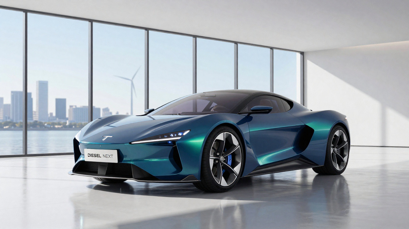 Carro desportivo elétrico azul metalizado em showroom moderno com janelas grandes e vista urbana.