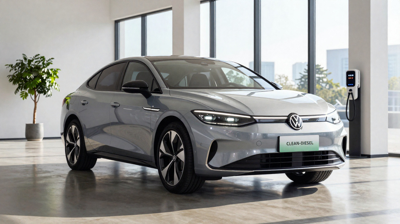 Carro elétrico Volkswagen cinzento estacionado em showroom moderno com carga conectada à parede.
