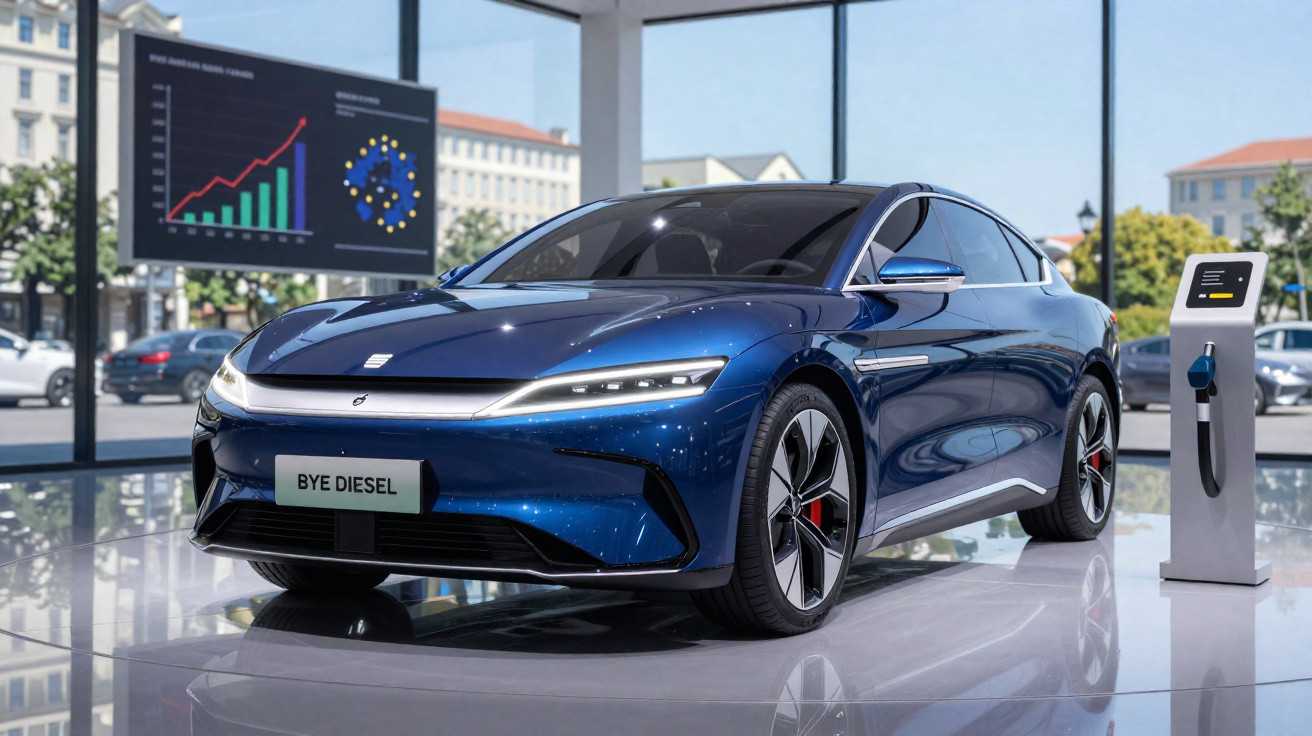 Carro elétrico azul brilhante num salão com carregador elétrico e gráfico de desempenho em fundo urbano.