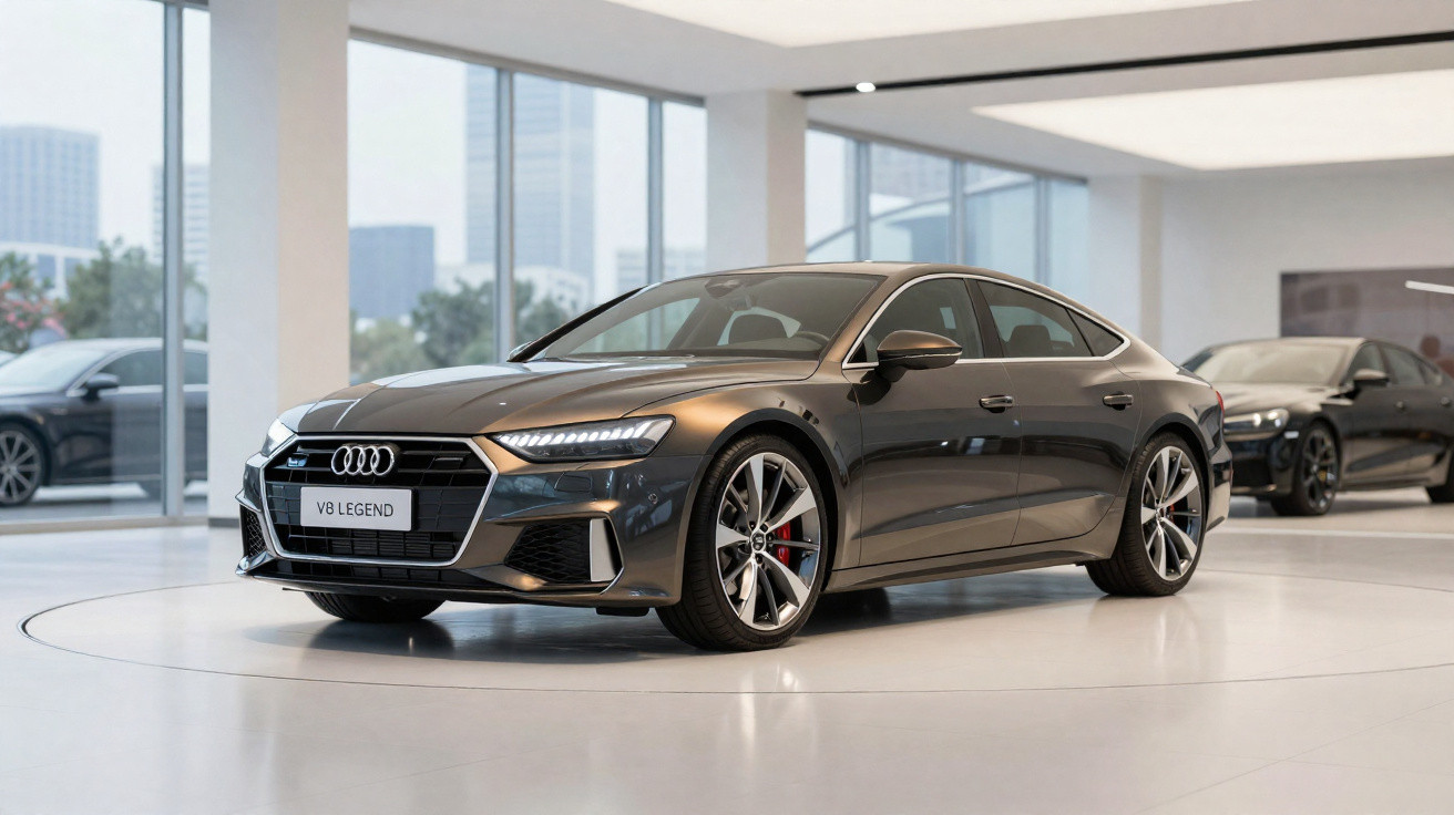 Carro Audi V8 Legend cinzento exposto numa sala de exposição moderna com janelas amplas e luz natural.