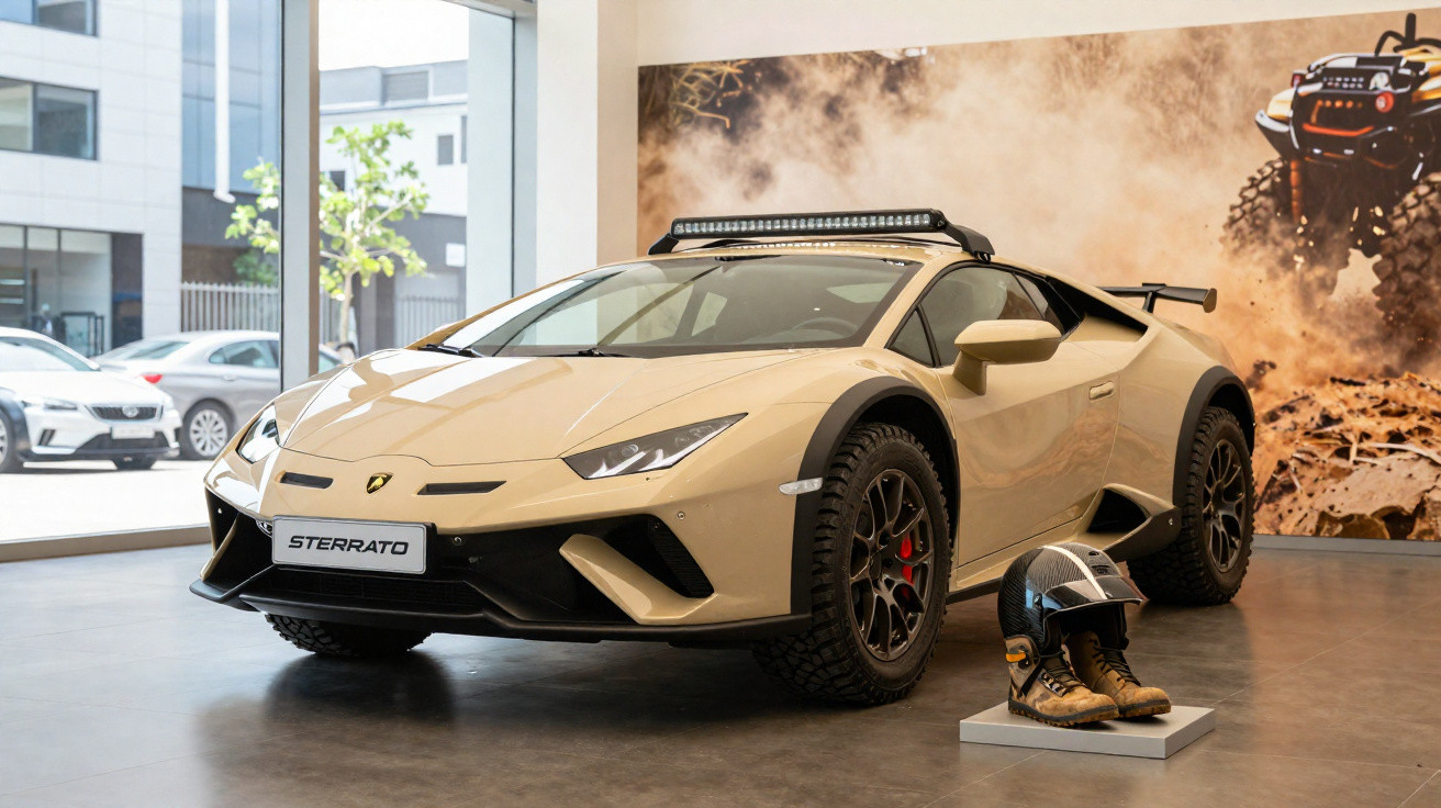 Carro desportivo Lamborghini Sterrato bege, com pneus off-road, capacete e botas de rally em exposição interior.