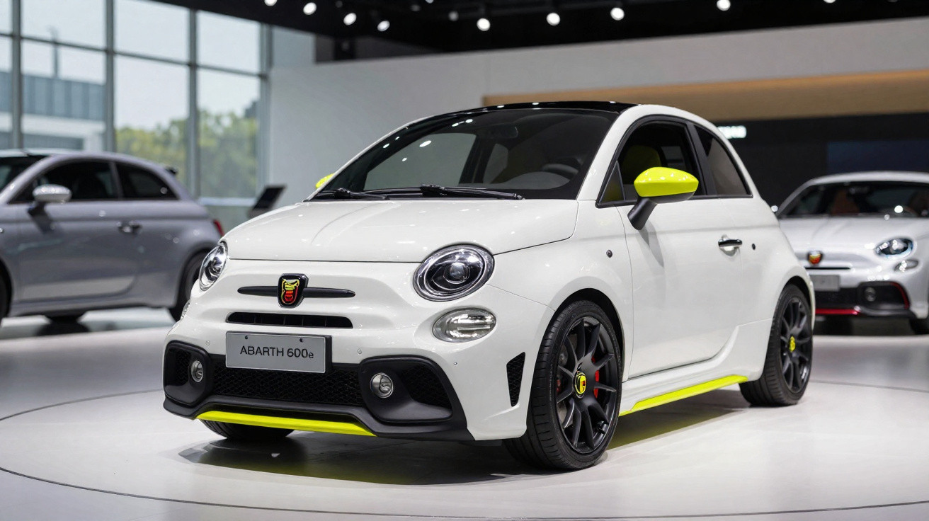 Carro desportivo Abarth 600e branco com detalhes amarelos em exposição num salão automóvel.