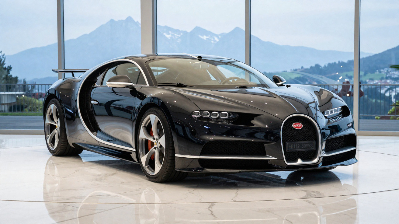 Carro desportivo Bugatti preto estacionado em interior com grandes janelas e vista para montanhas.