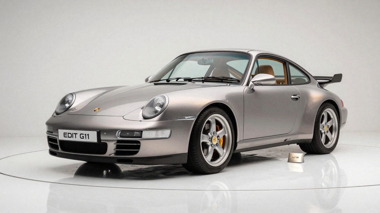 Carro desportivo clássico Porsche 911 cinzento prateado num estúdio com fundo branco.