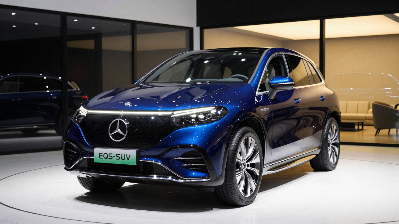 Carro elétrico Mercedes-Benz EQS SUV azul exposto em ambiente moderno e iluminado.