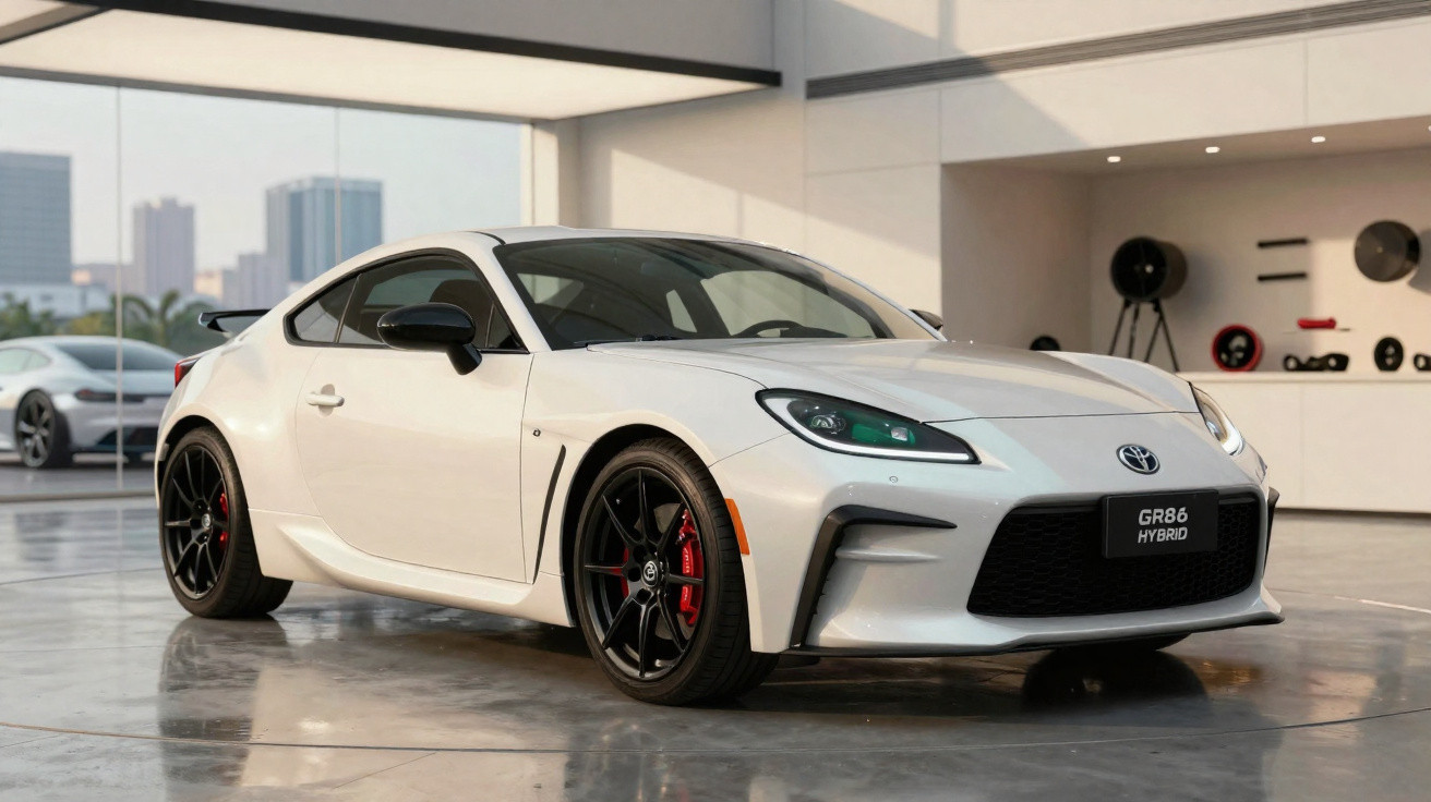 Carro desportivo Toyota GR86 híbrido branco estacionado em showroom moderno com pneus pretos e pinças de travão vermelhas.
