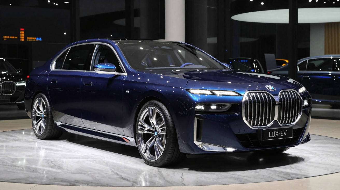 Carro elétrico BMW LUX-EV azul escuro exibido em showroom moderno com iluminação refletida no capô.