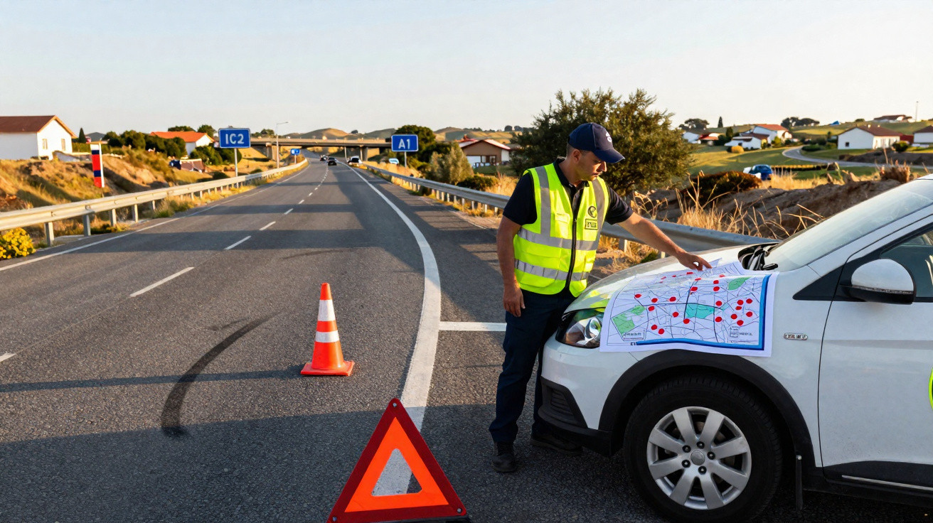Homem de colete amarelo refletor consulta mapa sobre a viatura em estrada com cones de sinalização.