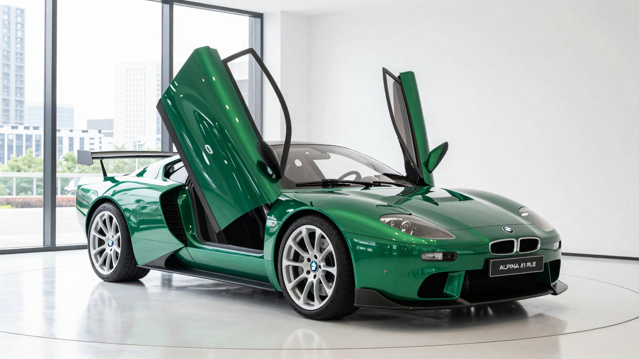 Carro desportivo Alpina verde com portas em asa de gaivota aberto em sala branca iluminada.